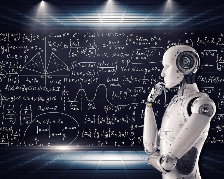 Indépendant utilisant un ordinateur avec des icônes d'intelligence artificielle
